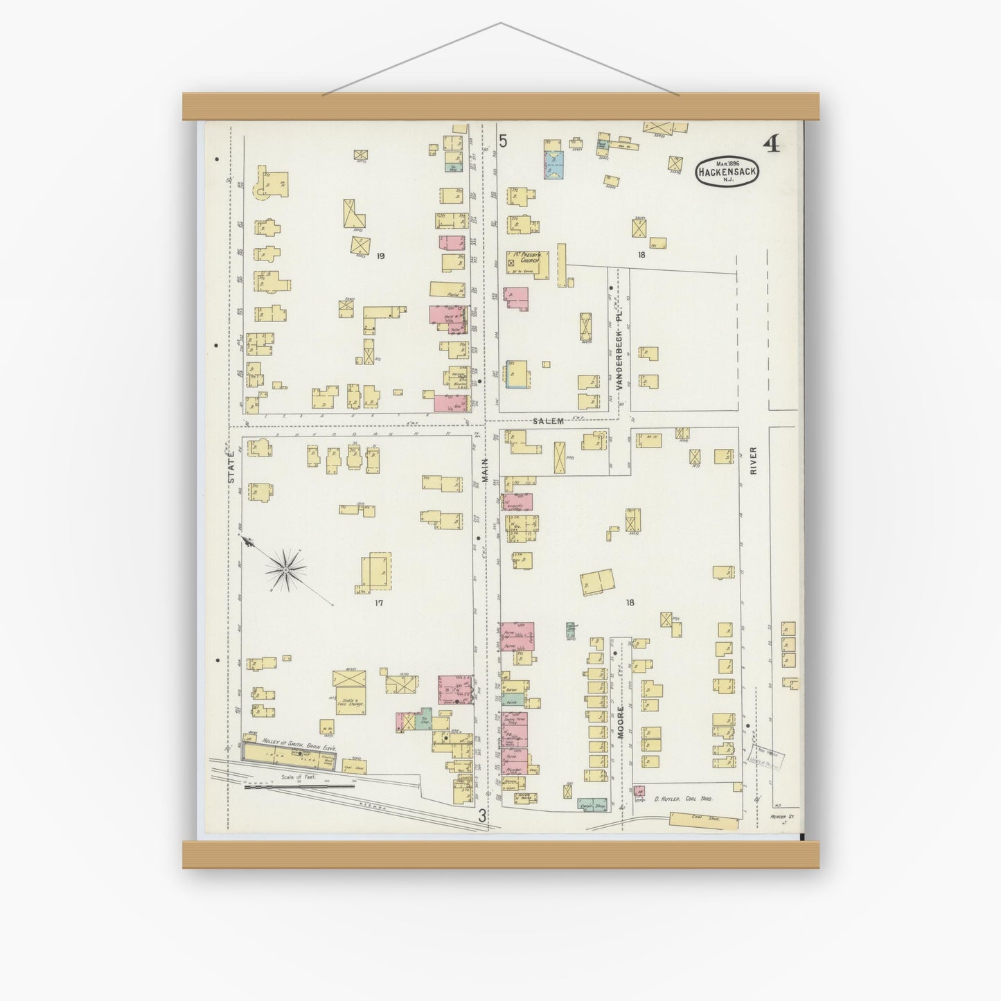 Old map wall art mockup — magnetic wood frame on white wall — Sanborn Fire Insurance Map from Hackensack, Bergen County, New Jersey (1896), Sheet #0004