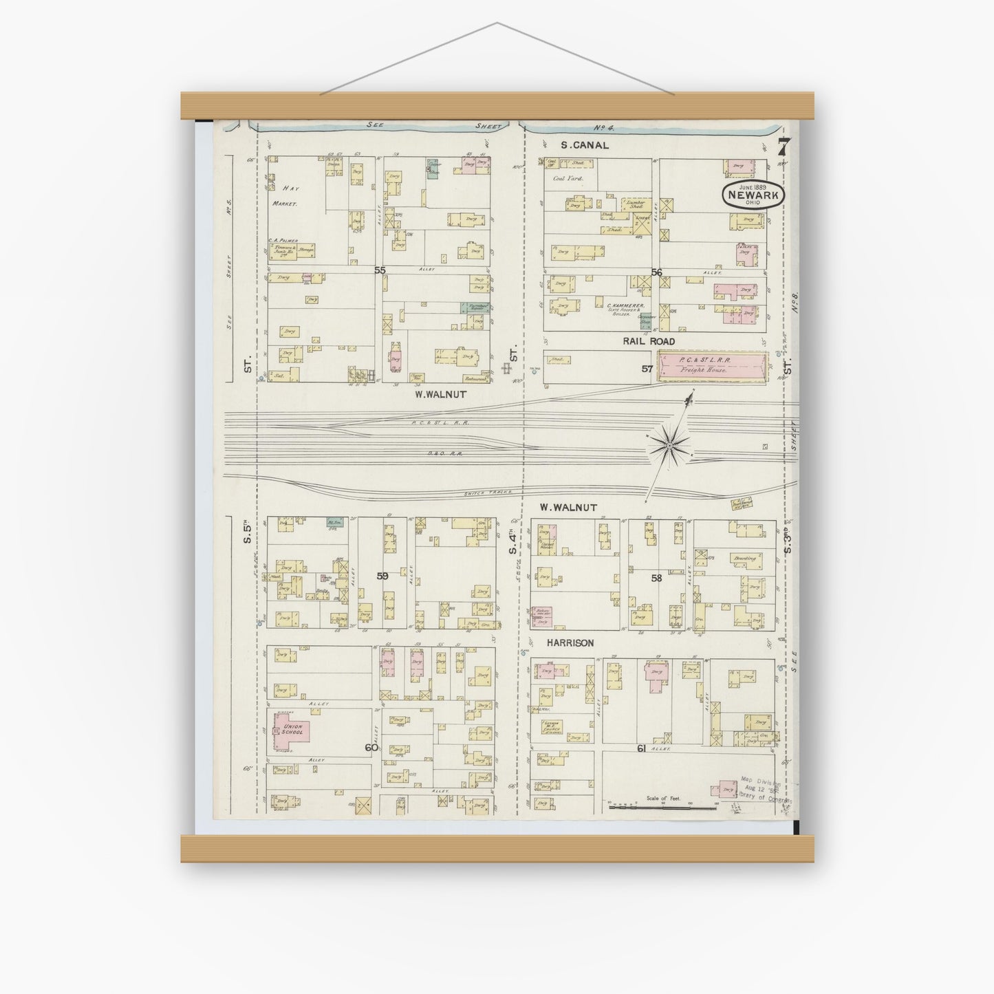 Old map wall art mockup — magnetic wood frame on white wall — Sanborn Fire Insurance Map from Newark, Licking County, Ohio (1889), Sheet #0007
