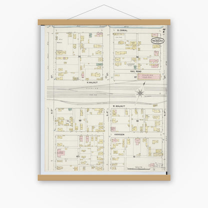 Old map wall art mockup — magnetic wood frame on white wall — Sanborn Fire Insurance Map from Newark, Licking County, Ohio (1889), Sheet #0007