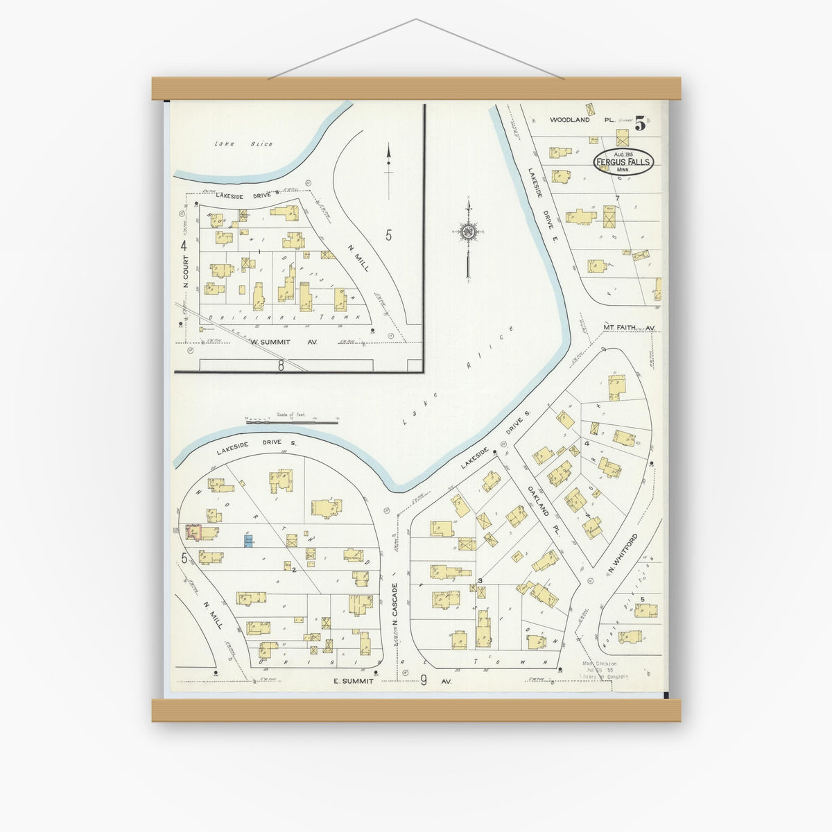 Old map wall art mockup — magnetic wood frame on white wall — Sanborn Fire Insurance Map from Fergus Falls, Otter Tail County, Minnesota (1915), Sheet #0005