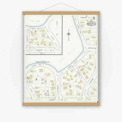 Old map wall art mockup — magnetic wood frame on white wall — Sanborn Fire Insurance Map from Fergus Falls, Otter Tail County, Minnesota (1915), Sheet #0005