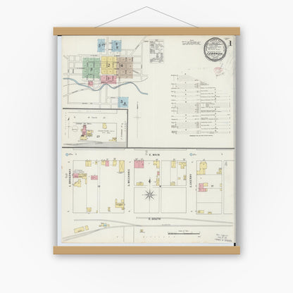 Old map wall art mockup — magnetic wood frame on white wall — Sanborn Fire Insurance Map from Lebanon, Warren County, Ohio (1895), Sheet #0001