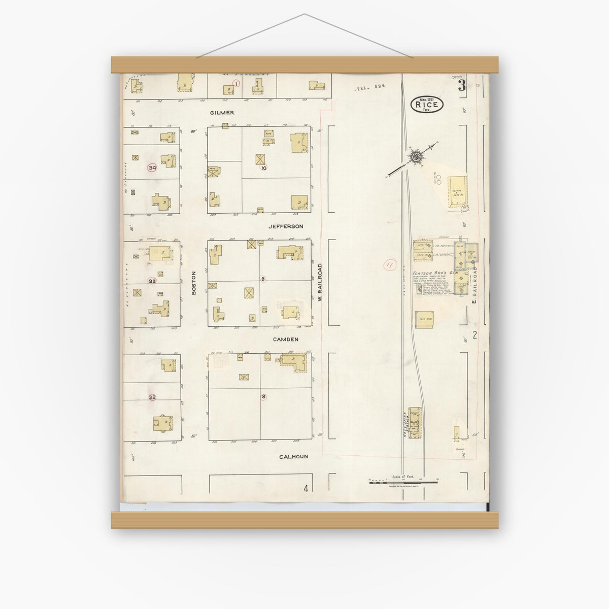 Old map wall art mockup — magnetic wood frame on white wall — Sanborn Fire Insurance Map from Rice, Navarro County, Texas (1935), Sheet #0003