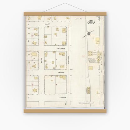 Old map wall art mockup — magnetic wood frame on white wall — Sanborn Fire Insurance Map from Rice, Navarro County, Texas (1935), Sheet #0003