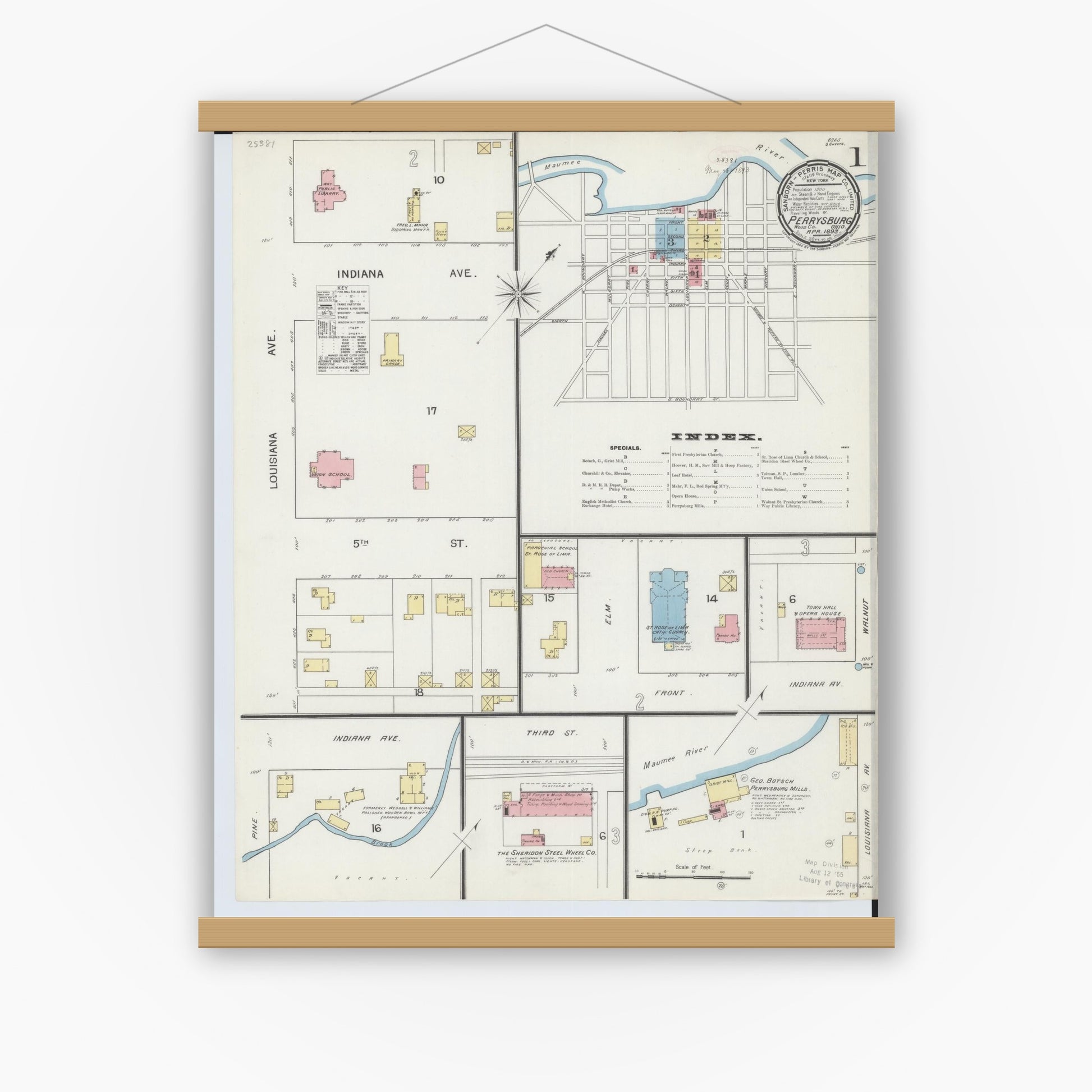Old map wall art mockup — magnetic wood frame on white wall — Sanborn Fire Insurance Map from Perrysburg, Wood County, Ohio (1893) - Complete Map Set