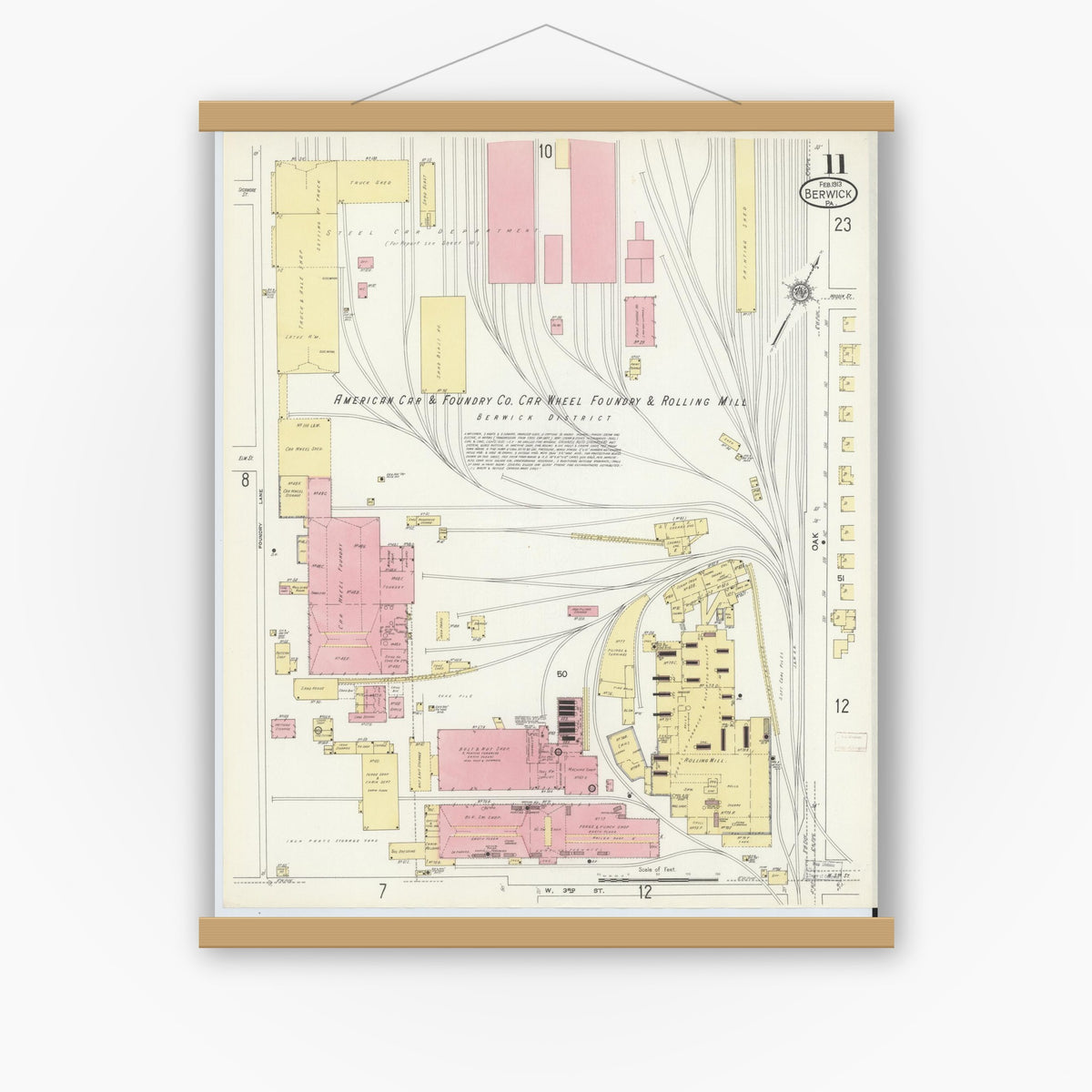 Old map wall art mockup — magnetic wood frame on white wall — Sanborn Fire Insurance Map from Berwick, Columbia County, Pennsylvania (1913), Sheet #0011