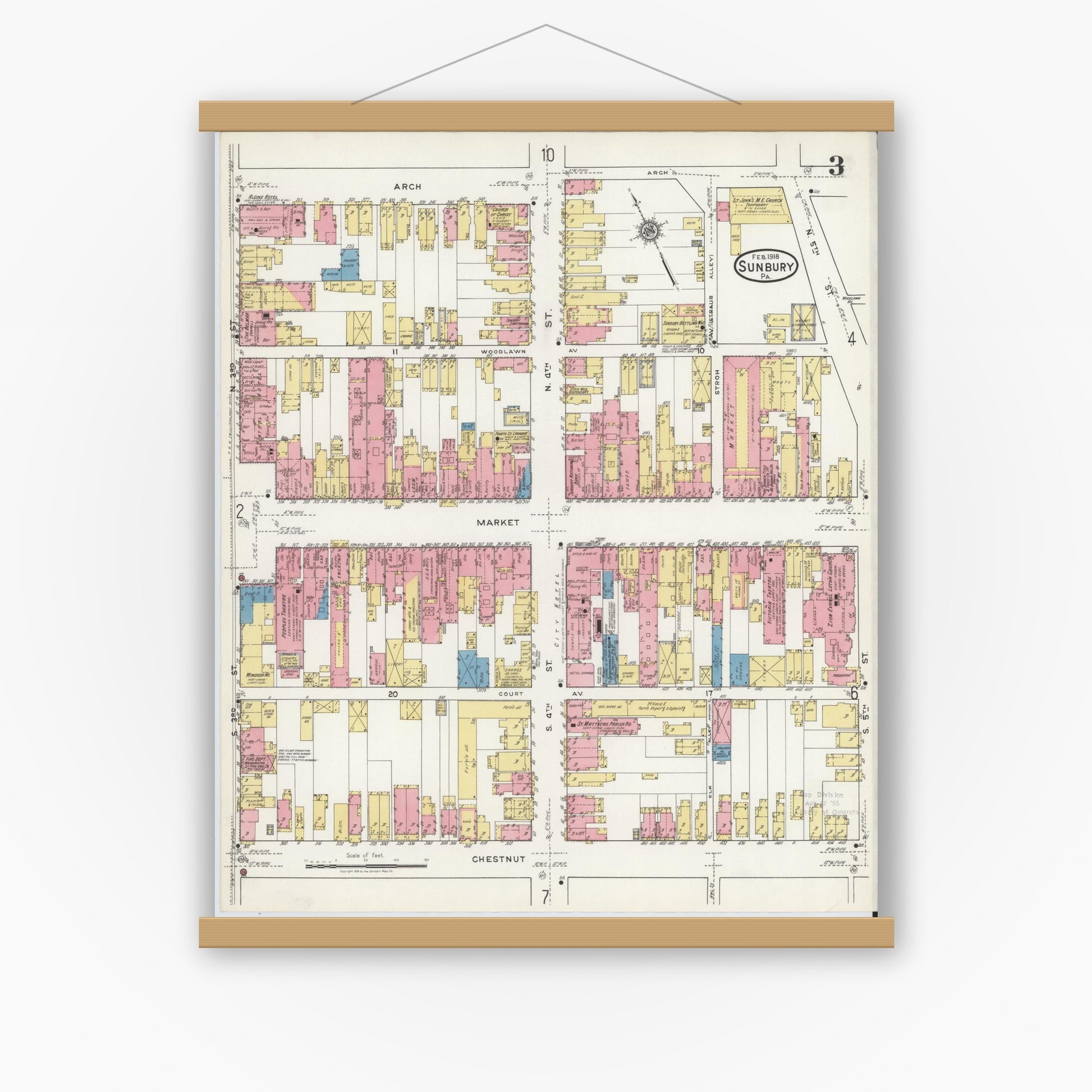 Old map wall art mockup — magnetic wood frame on white wall — Sanborn Fire Insurance Map from Sunbury, Northumberland County, Pennsylvania (1918), Sheet #0003