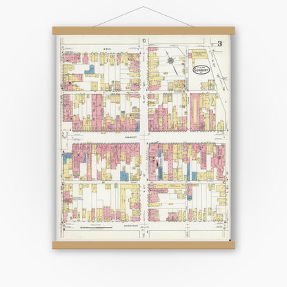 Old map wall art mockup — magnetic wood frame on white wall — Sanborn Fire Insurance Map from Sunbury, Northumberland County, Pennsylvania (1918), Sheet #0003