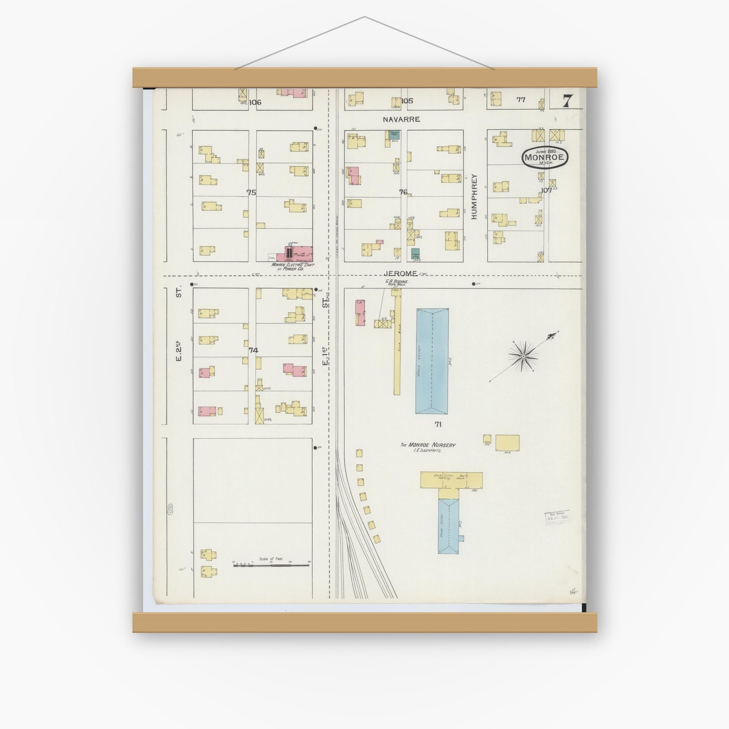 Old map wall art mockup — magnetic wood frame on white wall — Sanborn Fire Insurance Map from Monroe, Monroe County, Michigan (1893), Sheet #0007