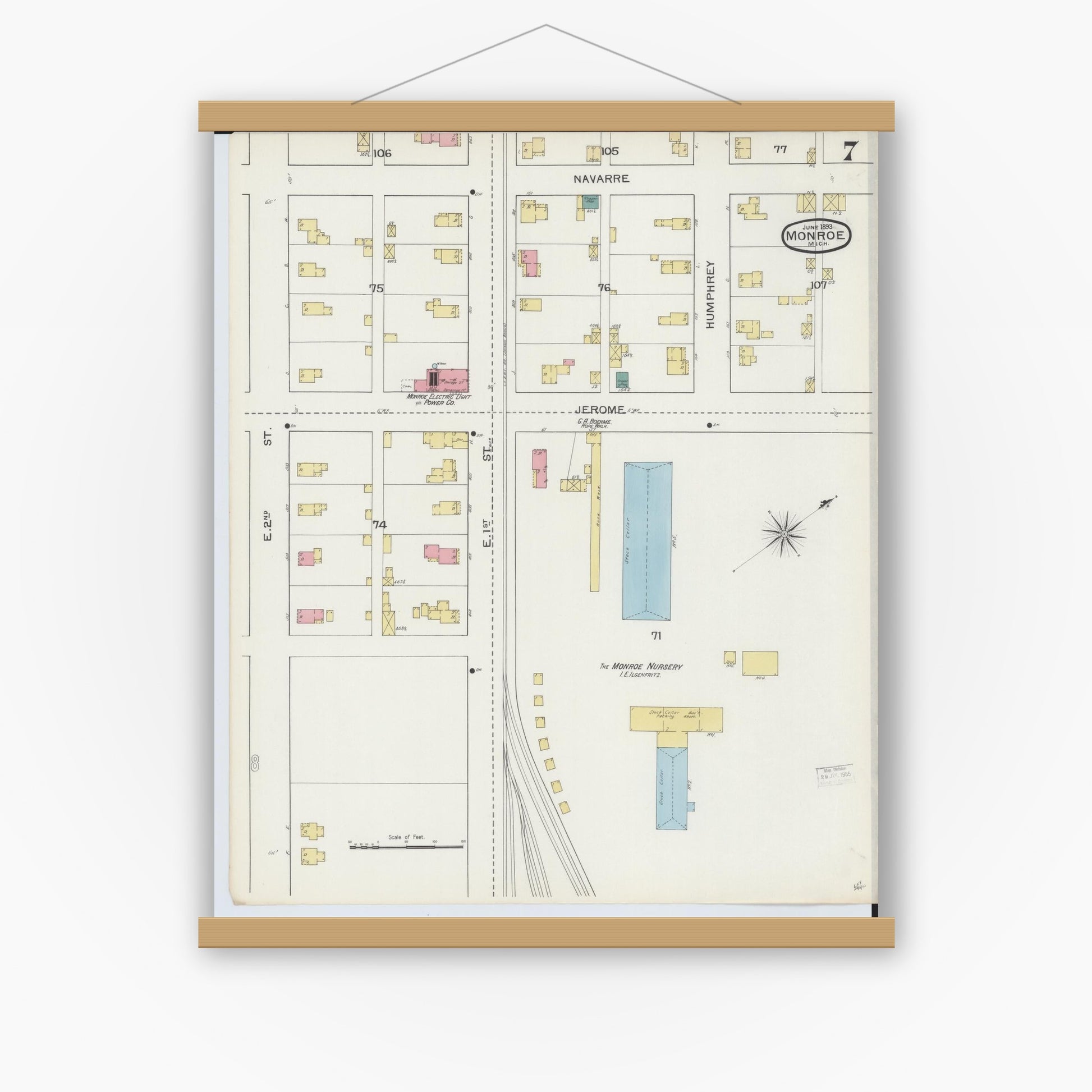 Old map wall art mockup — magnetic wood frame on white wall — Sanborn Fire Insurance Map from Monroe, Monroe County, Michigan (1893), Sheet #0007