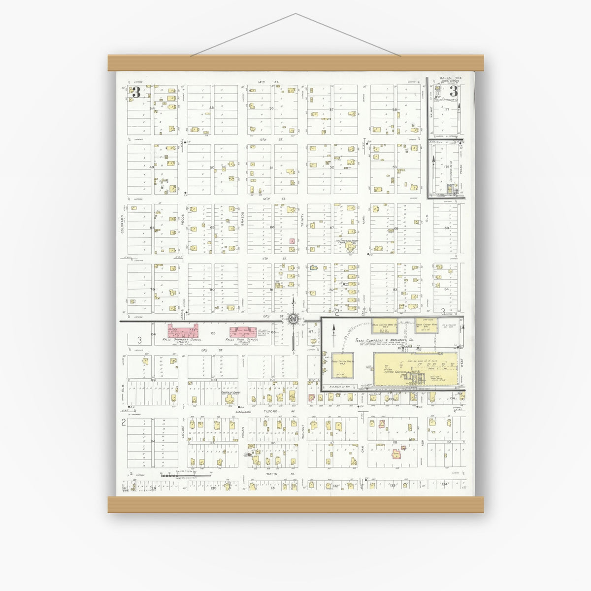 Old map wall art mockup — magnetic wood frame on white wall — Sanborn Fire Insurance Map from Ralls, Crosby County, Texas (1934), Sheet #0003