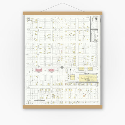Old map wall art mockup — magnetic wood frame on white wall — Sanborn Fire Insurance Map from Ralls, Crosby County, Texas (1934), Sheet #0003
