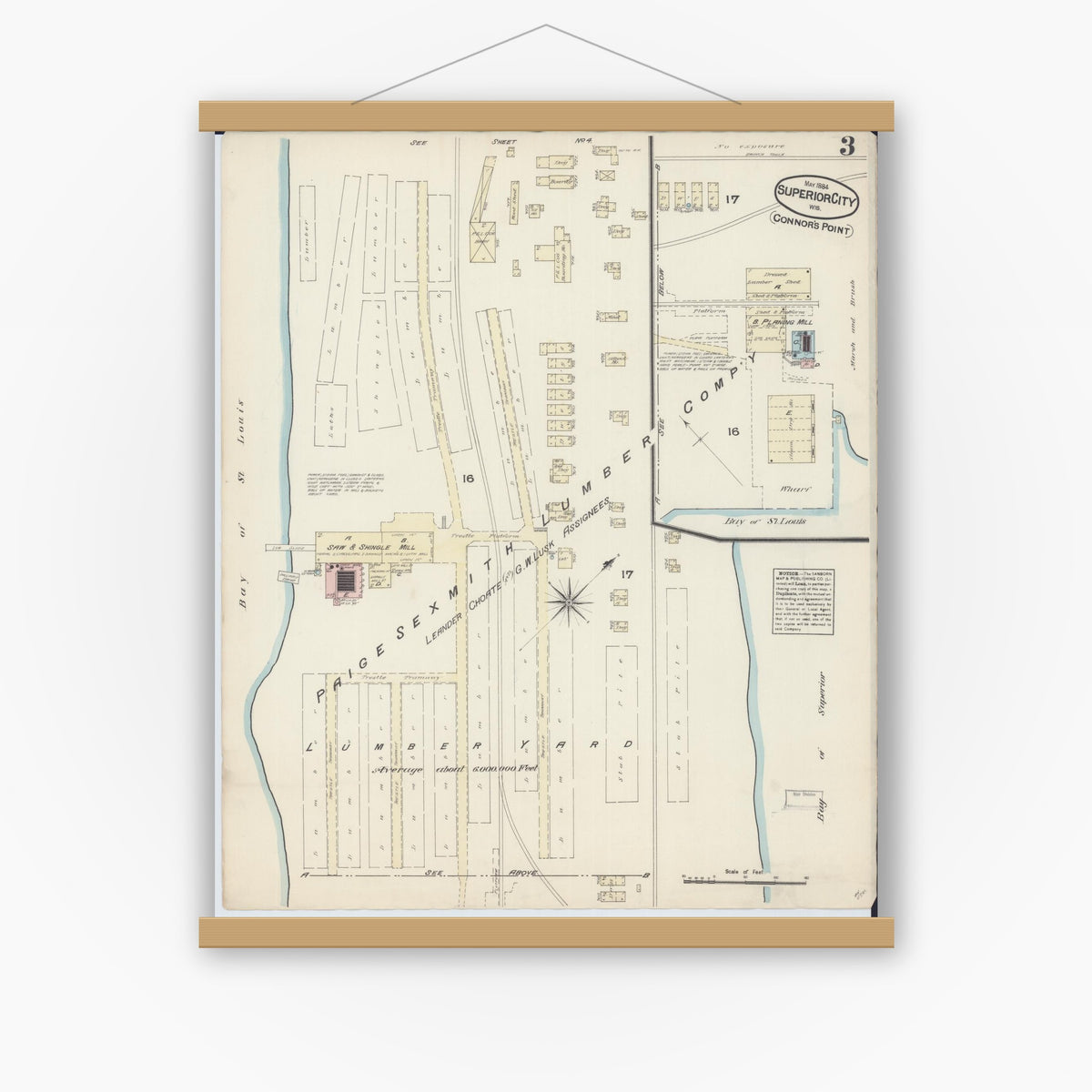 Old map wall art mockup — magnetic wood frame on white wall — Sanborn Fire Insurance Map from Superior, Douglas County, Wisconsin (1884), Sheet #0003