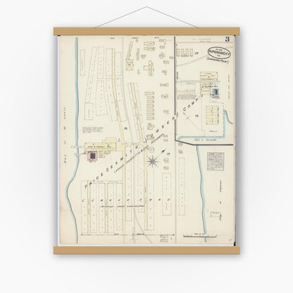 Old map wall art mockup — magnetic wood frame on white wall — Sanborn Fire Insurance Map from Superior, Douglas County, Wisconsin (1884), Sheet #0003