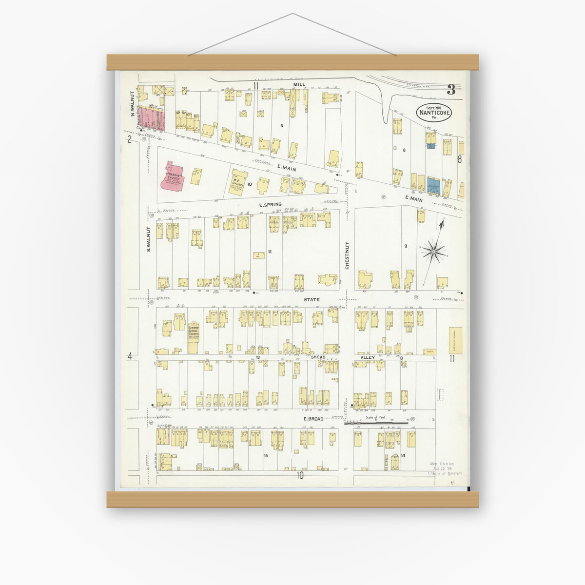 Old map wall art mockup — magnetic wood frame on white wall — Sanborn Fire Insurance Map from Nanticoke, Luzerne County, Pennsylvania (1907), Sheet #0003