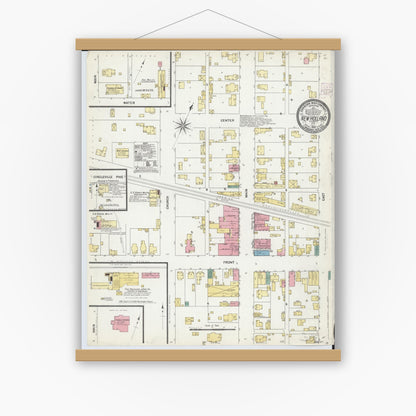 Old map wall art mockup — magnetic wood frame on white wall — Sanborn Fire Insurance Map from New Holland, Pickaway County, Ohio (1907), Sheet #0001