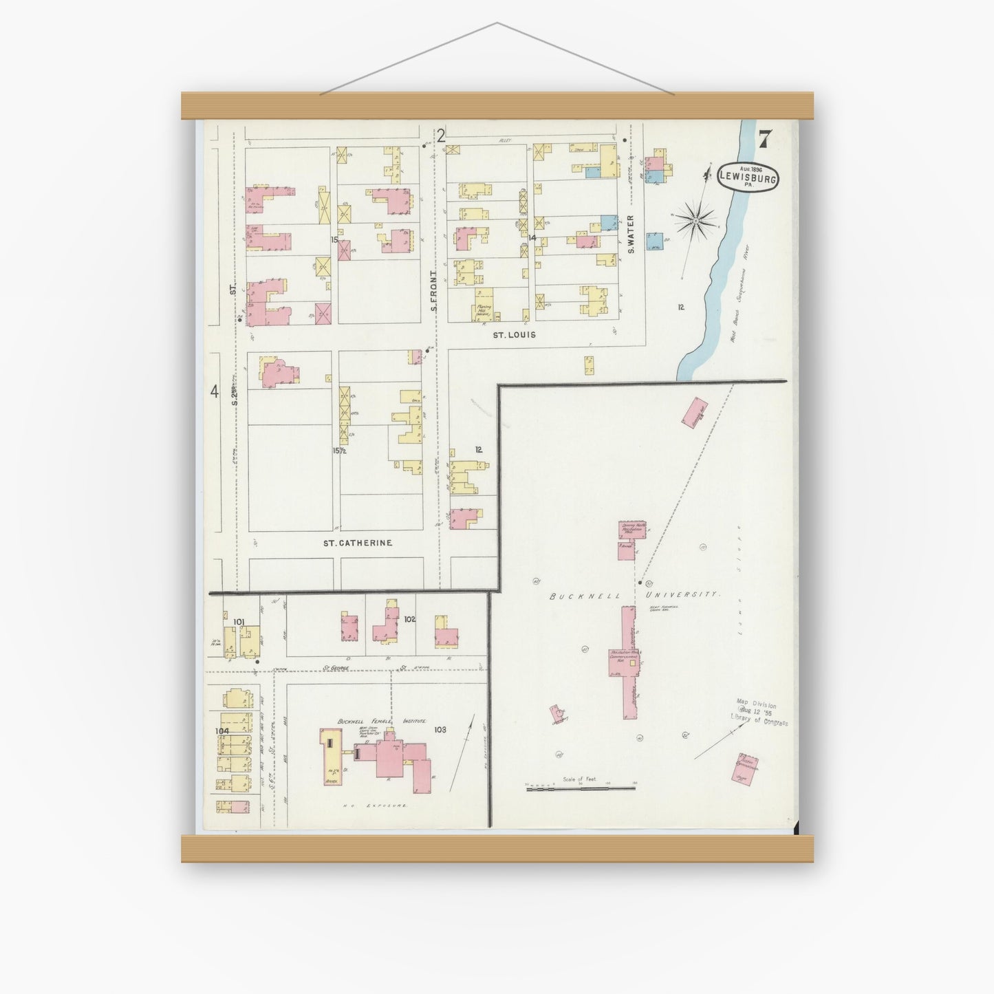 Old map wall art mockup — magnetic wood frame on white wall — Sanborn Fire Insurance Map from Lewisburg, Union County, Pennsylvania (1896), Sheet #0007