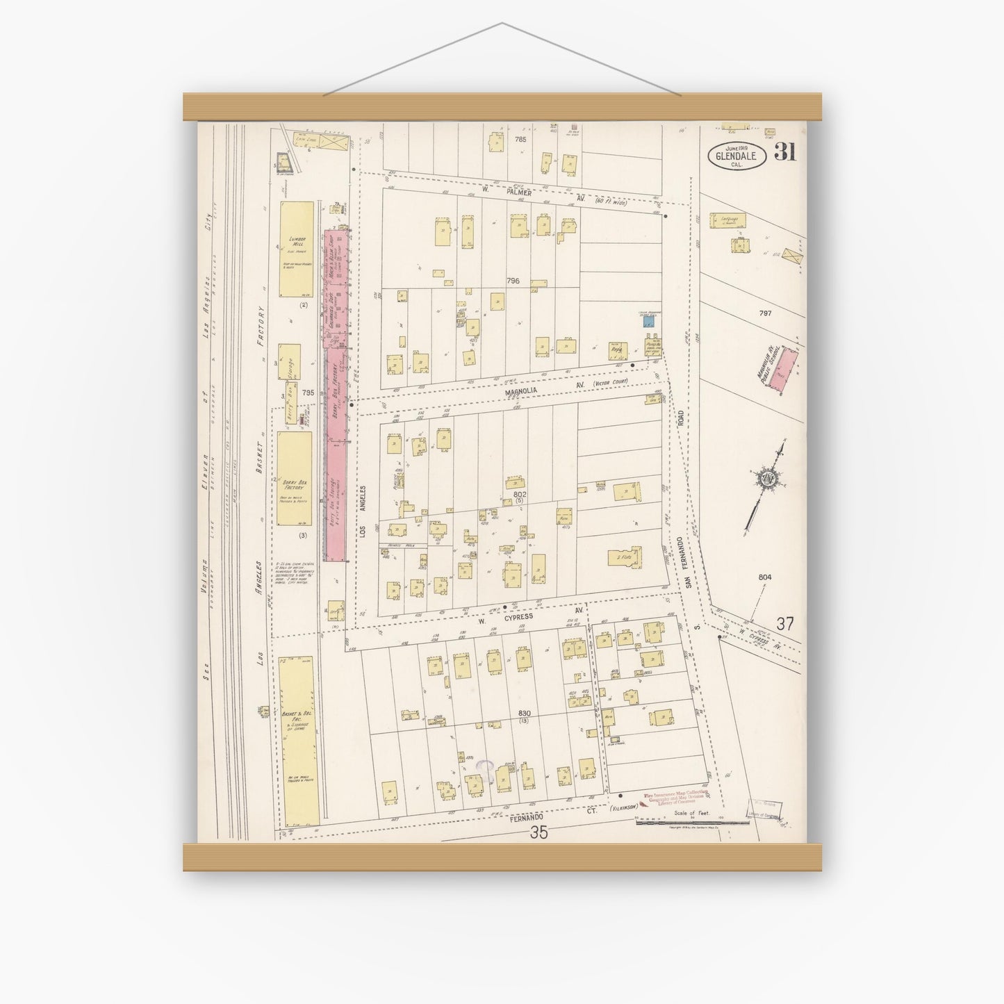 Old map wall art mockup — magnetic wood frame on white wall — Sanborn Fire Insurance Map from Glendale, Los Angeles County, California (1919), Sheet #0031