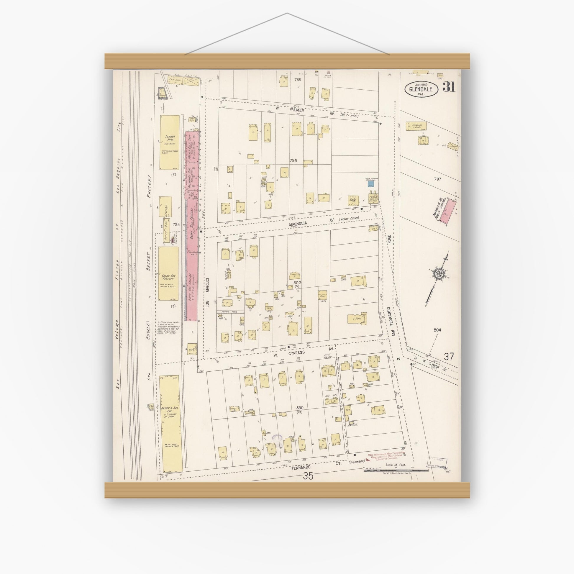 Old map wall art mockup — magnetic wood frame on white wall — Sanborn Fire Insurance Map from Glendale, Los Angeles County, California (1919), Sheet #0031