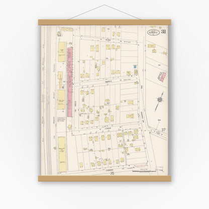 Old map wall art mockup — magnetic wood frame on white wall — Sanborn Fire Insurance Map from Glendale, Los Angeles County, California (1919), Sheet #0031