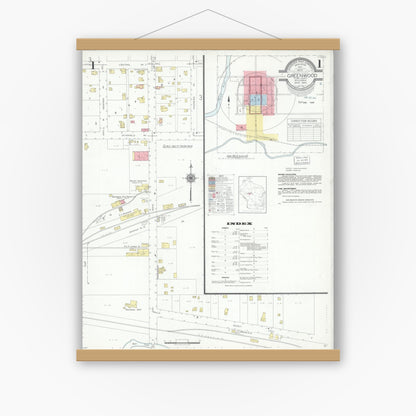 Old map wall art mockup — magnetic wood frame on white wall — Sanborn Fire Insurance Map from Greenwood, Clark County, Wisconsin (1940) - Complete Map Set
