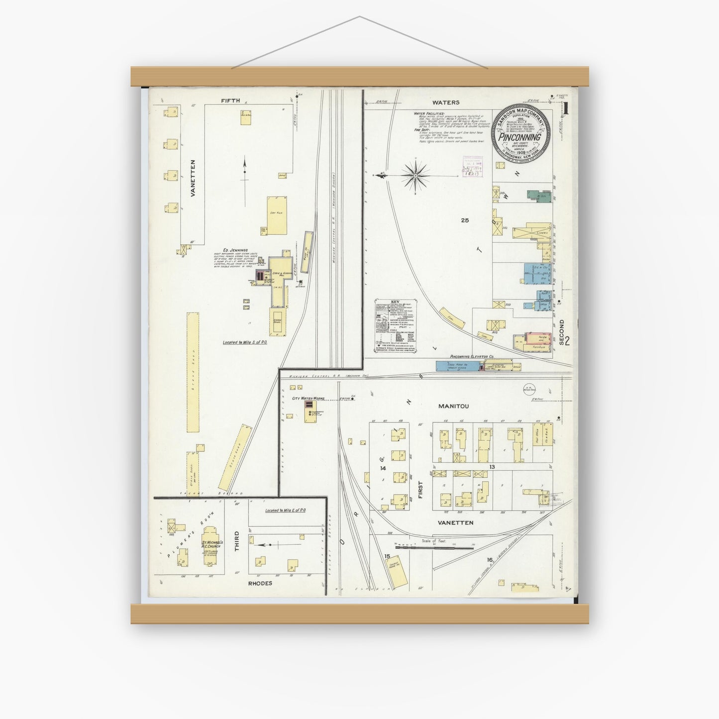 Old map wall art mockup — magnetic wood frame on white wall — Sanborn Fire Insurance Map from Pinconning, Bay County, Michigan (1909) - Complete Map Set