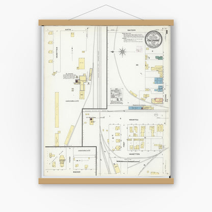 Old map wall art mockup — magnetic wood frame on white wall — Sanborn Fire Insurance Map from Pinconning, Bay County, Michigan (1909) - Complete Map Set