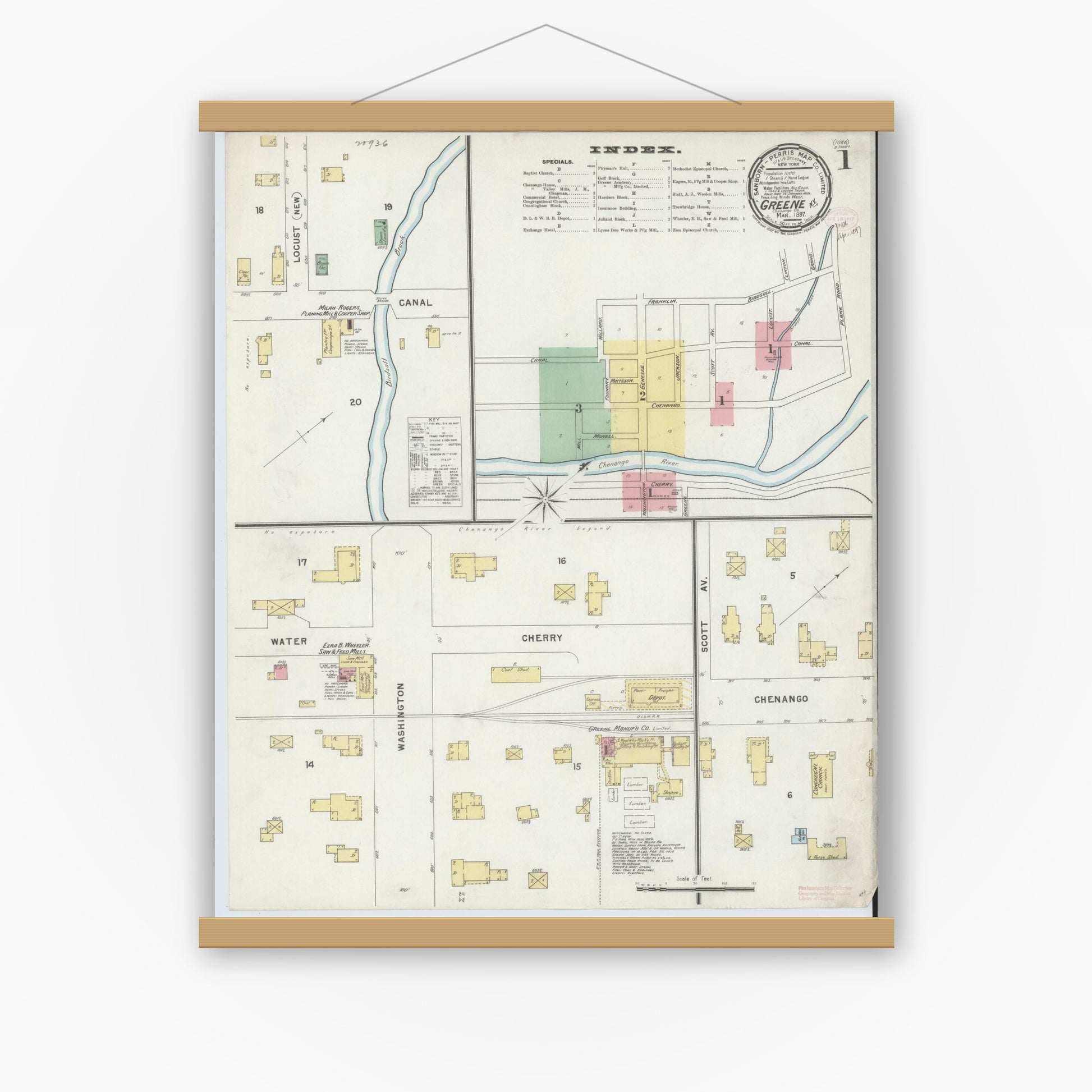 Old map wall art mockup — magnetic wood frame on white wall — Sanborn Fire Insurance Map from Greene, Chenango County, New York (1897) - Complete Map Set