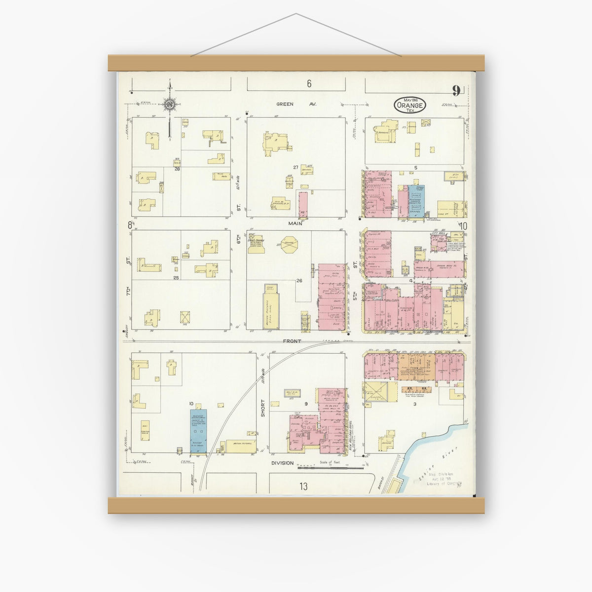 Old map wall art mockup — magnetic wood frame on white wall — Sanborn Fire Insurance Map from Orange, Orange County, Texas (1914), Sheet #0009