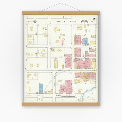Old map wall art mockup — magnetic wood frame on white wall — Sanborn Fire Insurance Map from Orange, Orange County, Texas (1914), Sheet #0009