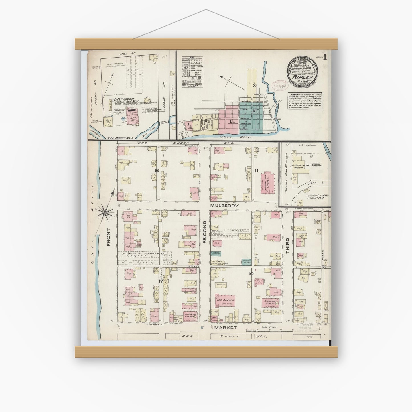 Old map wall art mockup — magnetic wood frame on white wall — Sanborn Fire Insurance Map from Ripley, Brown County, Ohio (1884), Sheet #0001