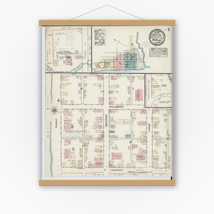 Old map wall art mockup — magnetic wood frame on white wall — Sanborn Fire Insurance Map from Ripley, Brown County, Ohio (1884), Sheet #0001