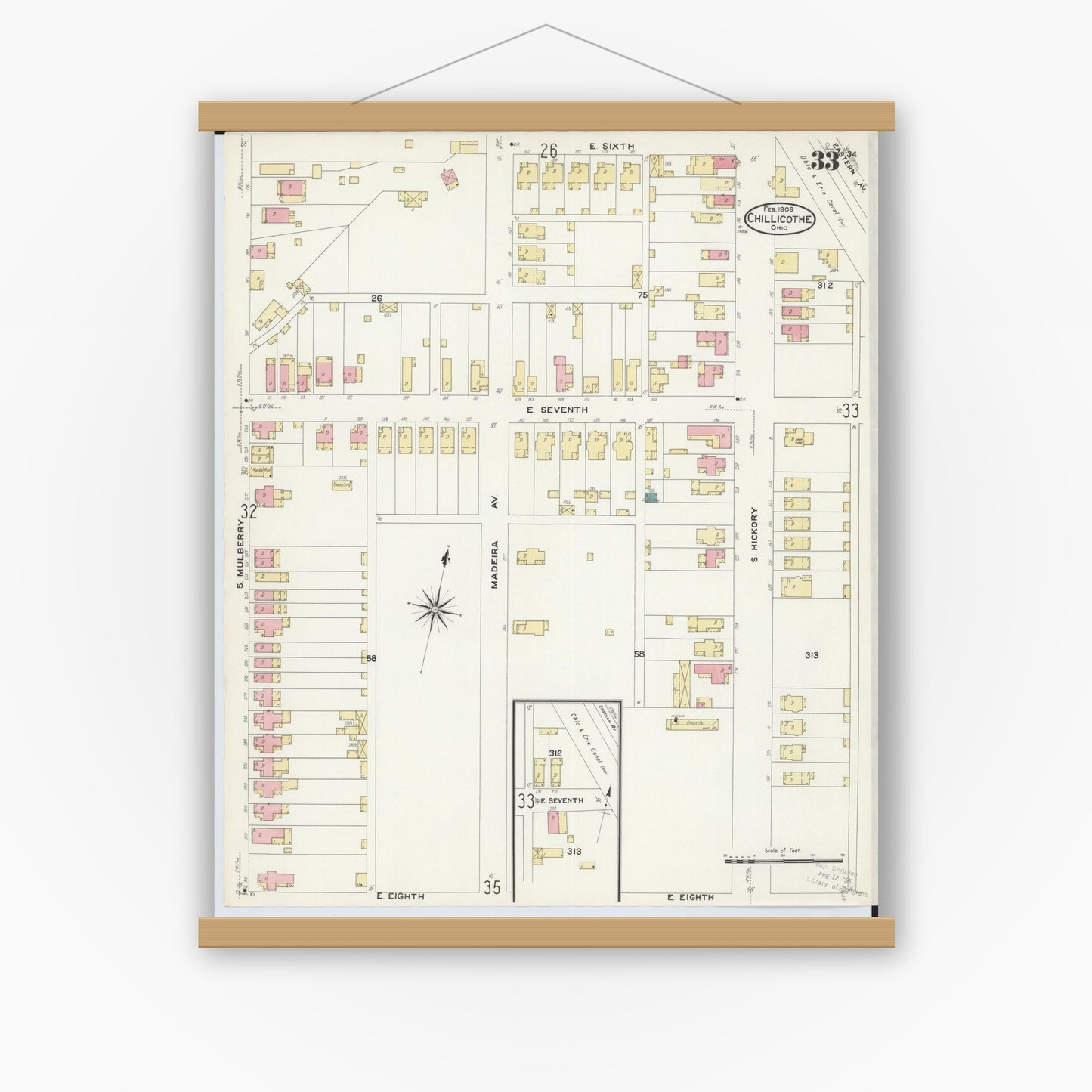 Old map wall art mockup — magnetic wood frame on white wall — Sanborn Fire Insurance Map from Chillicothe, Ross County, Ohio (1909), Sheet #0033