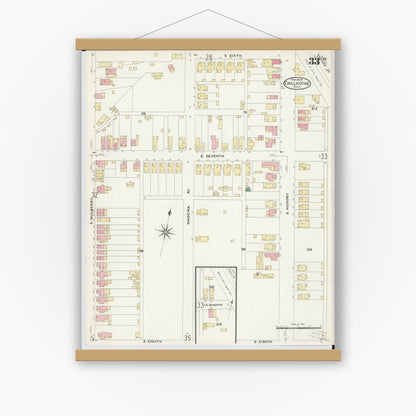 Old map wall art mockup — magnetic wood frame on white wall — Sanborn Fire Insurance Map from Chillicothe, Ross County, Ohio (1909), Sheet #0033