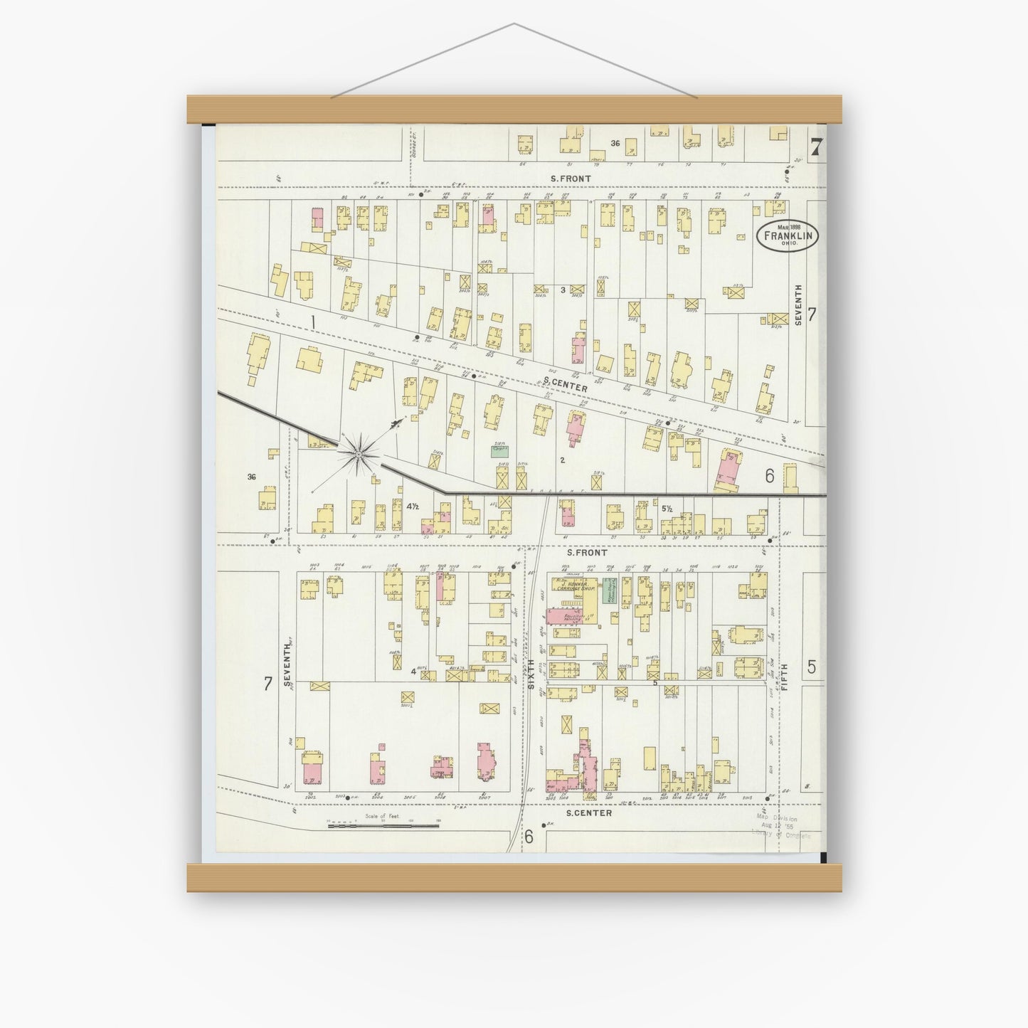 Old map wall art mockup — magnetic wood frame on white wall — Sanborn Fire Insurance Map from Franklin, Warren County, Ohio (1898), Sheet #0007