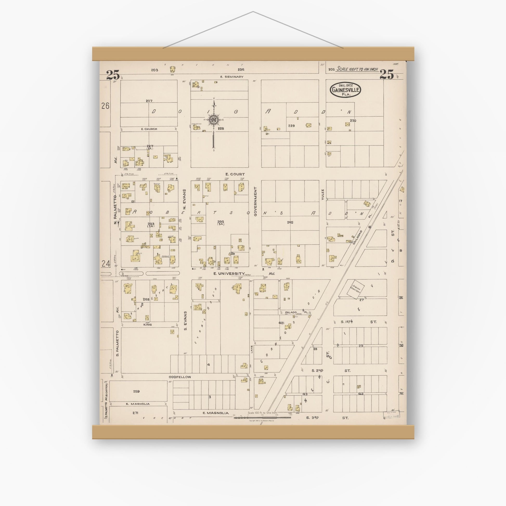 Old map wall art mockup — magnetic wood frame on white wall — Sanborn Fire Insurance Map from Gainesville, Alachua County, Florida (1922), Sheet #0025