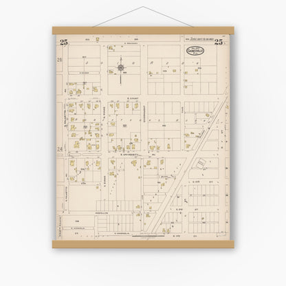 Old map wall art mockup — magnetic wood frame on white wall — Sanborn Fire Insurance Map from Gainesville, Alachua County, Florida (1922), Sheet #0025