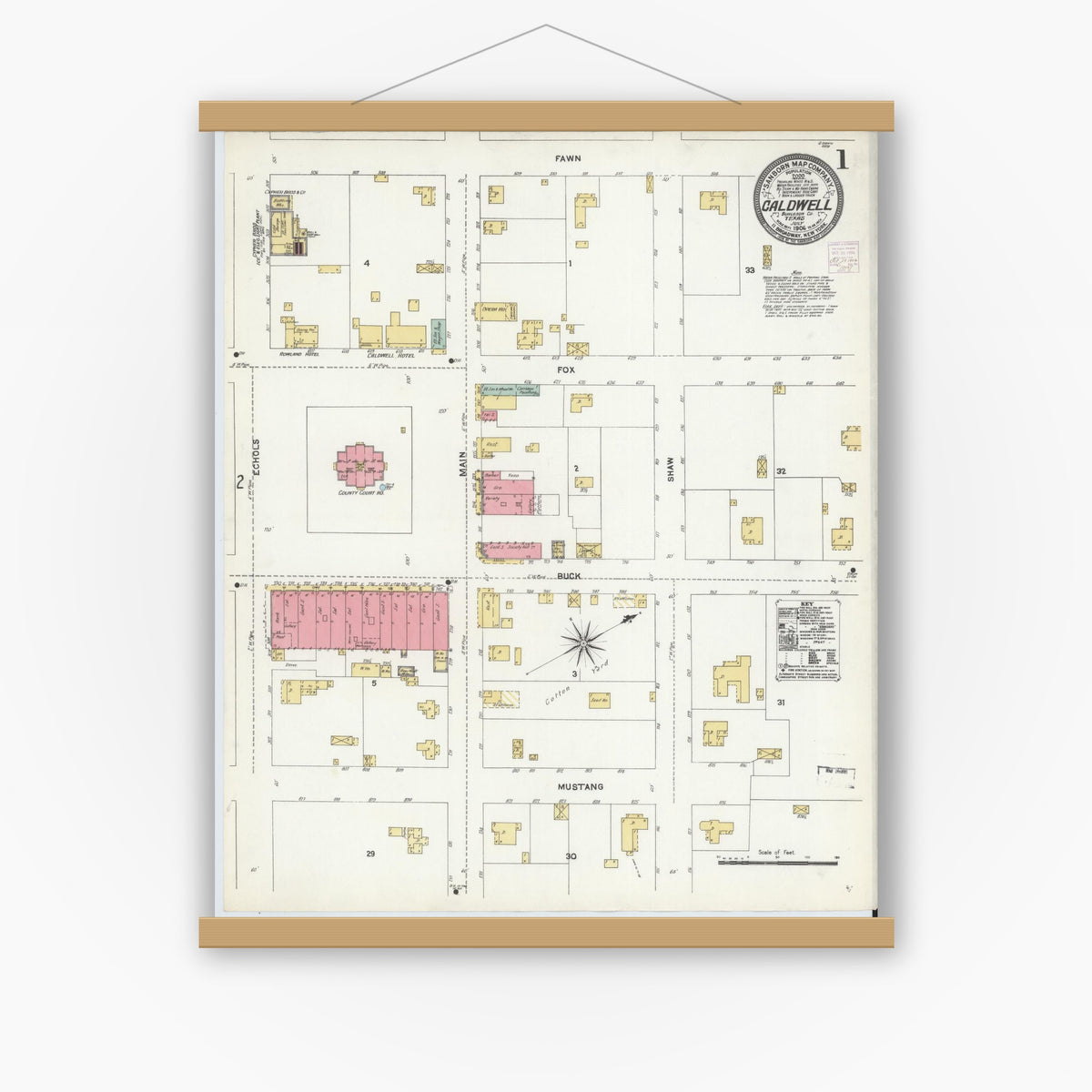 Old map wall art mockup — magnetic wood frame on white wall — Sanborn Fire Insurance Map from Caldwell, Burleson County, Texas (1906) - Complete Map Set