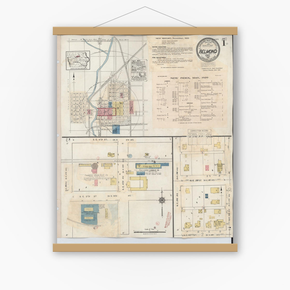 Old map wall art mockup — magnetic wood frame on white wall — Sanborn Fire Insurance Map from Belmond, Wright County, Iowa (1939) â€” Complete Set