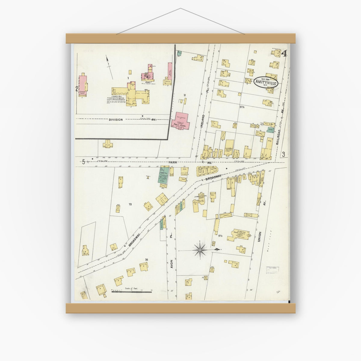 Old map wall art mockup — magnetic wood frame on white wall — Sanborn Fire Insurance Map from Amityville, Suffolk County, New York (1904), Sheet #0004