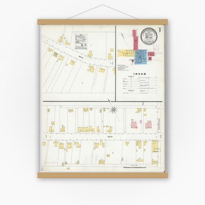 Old map wall art mockup — magnetic wood frame on white wall — Sanborn Fire Insurance Map from Wise, Wise County, Virginia (1908) - Complete Map Set