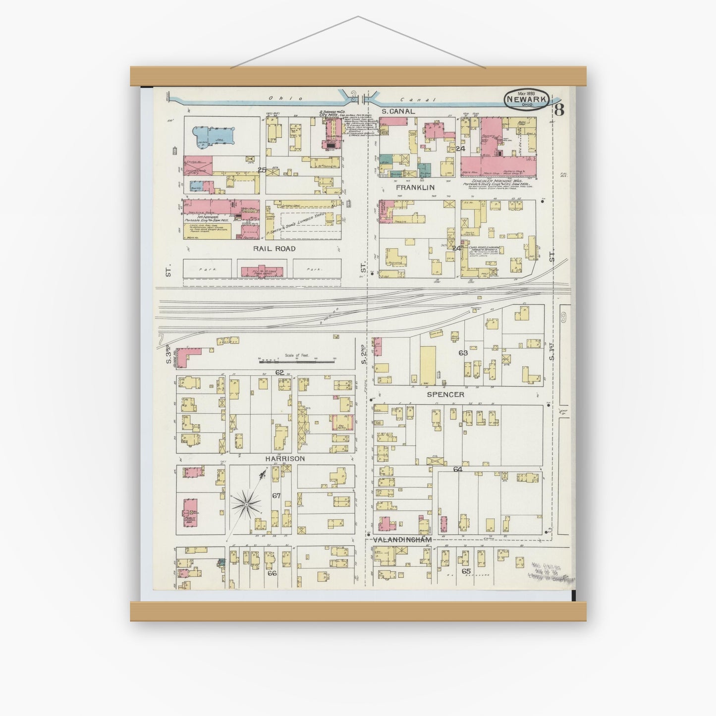 Old map wall art mockup — magnetic wood frame on white wall — Sanborn Fire Insurance Map from Newark, Licking County, Ohio (1893), Sheet #0008