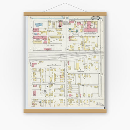Old map wall art mockup — magnetic wood frame on white wall — Sanborn Fire Insurance Map from Newark, Licking County, Ohio (1893), Sheet #0008