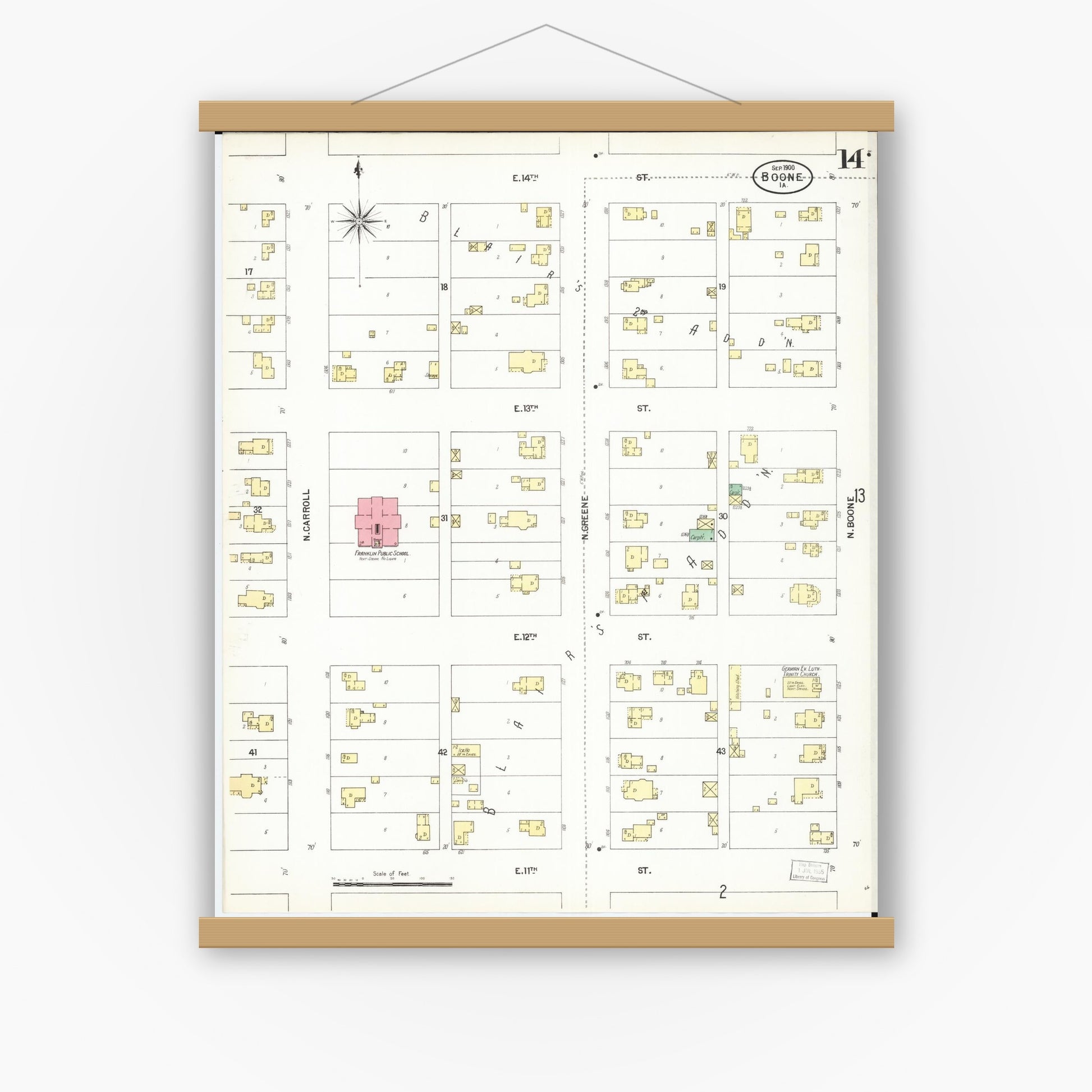 Old map wall art mockup — magnetic wood frame on white wall — Sanborn Fire Insurance Map from Boone, Boone County, Iowa (1900), Sheet #0014