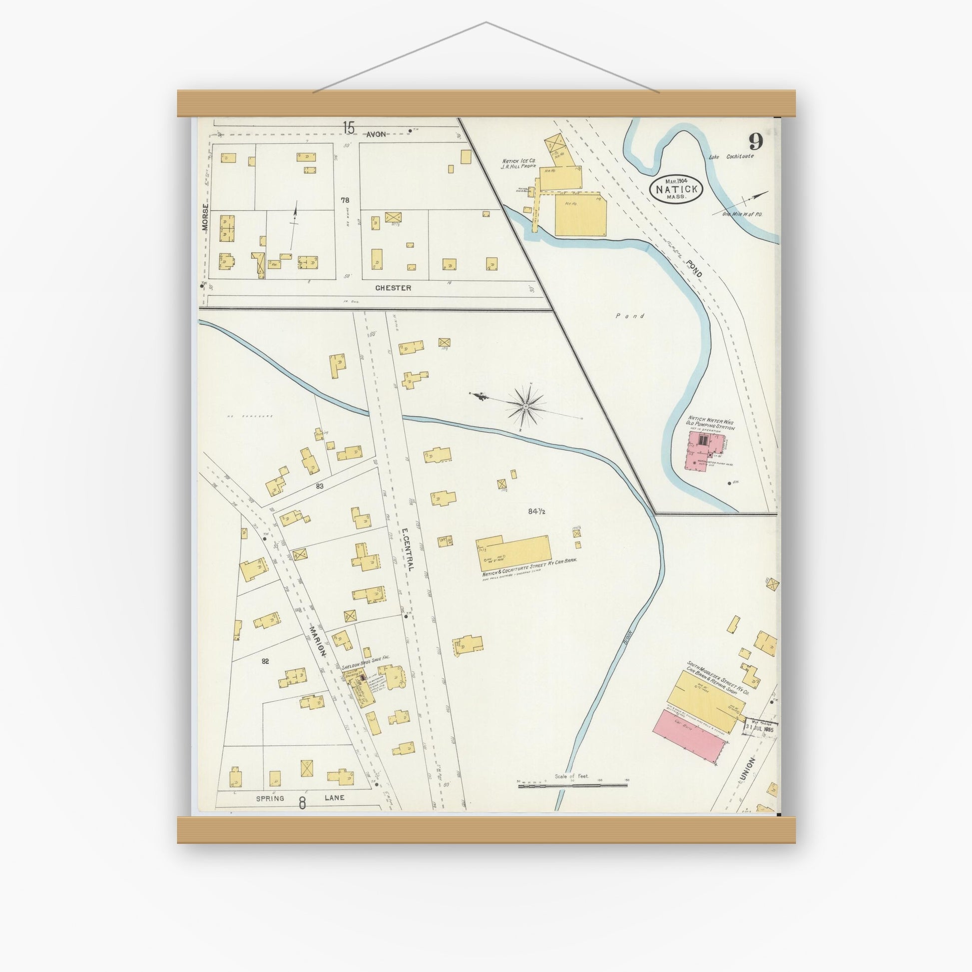 Old map wall art mockup — magnetic wood frame on white wall — Sanborn Fire Insurance Map from Natick, Middlesex County, Massachusetts (1904), Sheet #0009