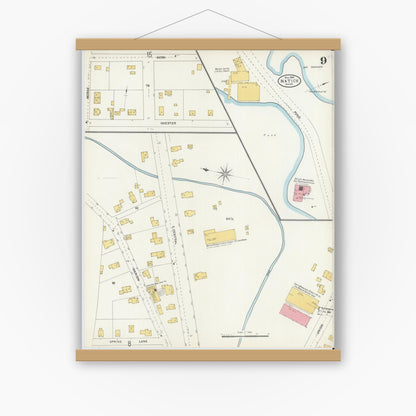 Old map wall art mockup — magnetic wood frame on white wall — Sanborn Fire Insurance Map from Natick, Middlesex County, Massachusetts (1904), Sheet #0009