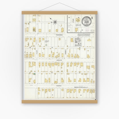 Old map wall art mockup — magnetic wood frame on white wall — Sanborn Fire Insurance Map from Crewe, Nottoway County, Virginia (1904) - Complete Map Set