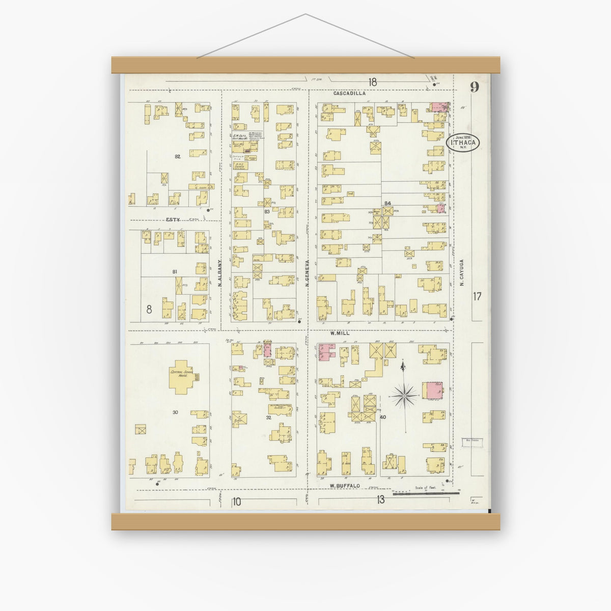 Old map wall art mockup — magnetic wood frame on white wall — Sanborn Fire Insurance Map from Ithaca, Tompkins County, New York (1898), Sheet #0009