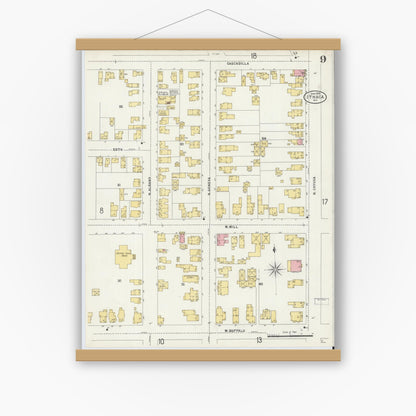 Old map wall art mockup — magnetic wood frame on white wall — Sanborn Fire Insurance Map from Ithaca, Tompkins County, New York (1898), Sheet #0009