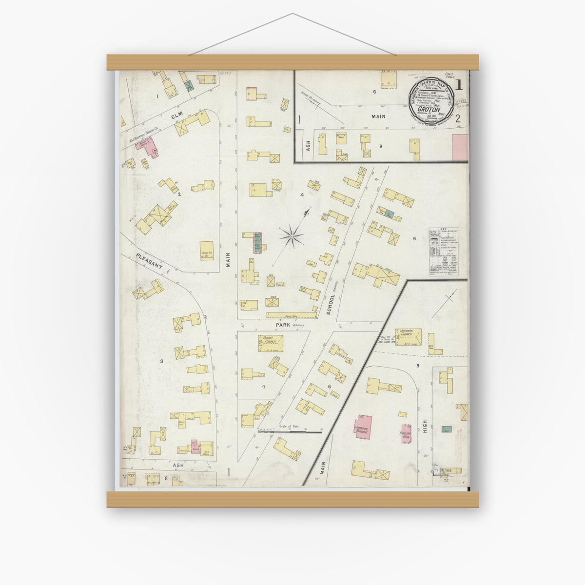 Old map wall art mockup — magnetic wood frame on white wall — Sanborn Fire Insurance Map from Groton, Middlesex County, Massachusetts (1896) - Complete Map Set